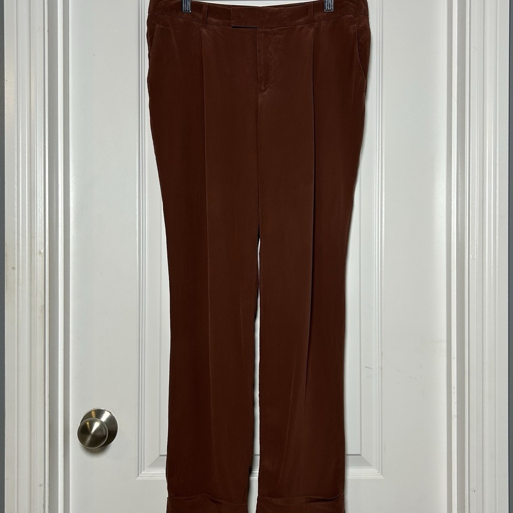 Gucci Made in Italy Silk Brown Cuffed Hem Straight Leg Tailored Dress Pants